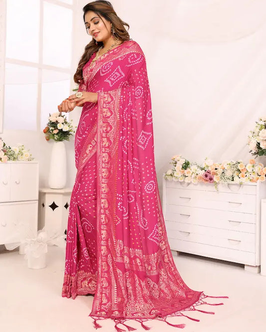 Rosé Radiance Pink Bandhani Saree with Zari Border | Gaji Silk Fabric