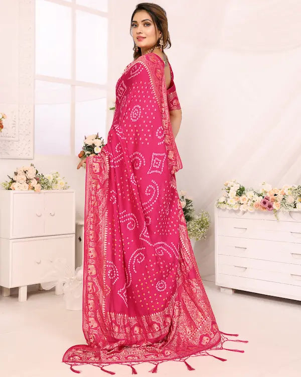 Rosé Radiance Pink Bandhani Saree with Zari Border | Gaji Silk Fabric