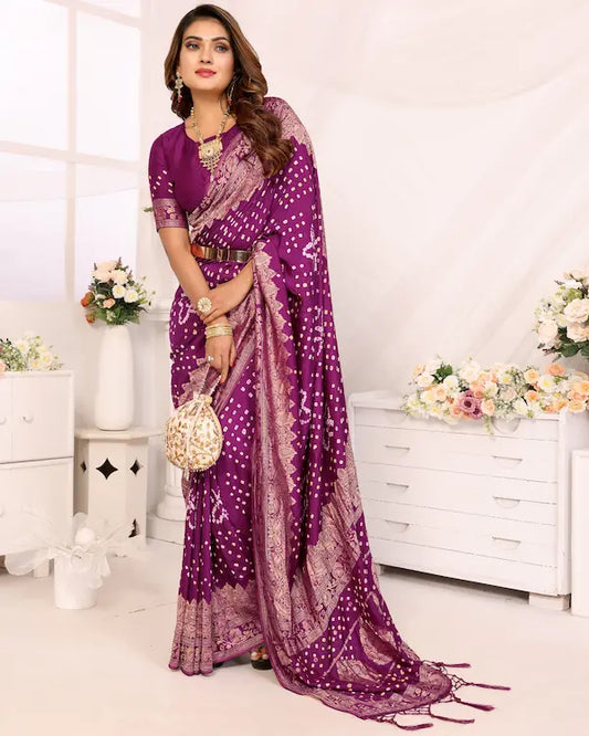 Royal Bloom Magenta Bandhani Saree with Ornate Zari Border | Gaji Silk Fabric