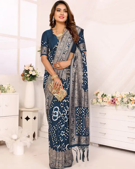Midnight Mirage Blue Bandhani Saree with Floral Zari Border | Gaji Silk Fabric