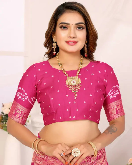 Rosé Radiance Pink Bandhani Saree with Floral Zari Border | Gaji Silk Fabric