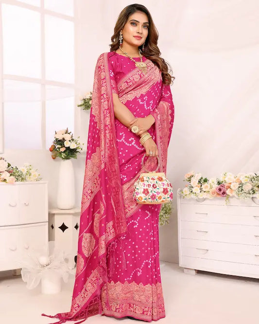 Rosé Radiance Pink Bandhani Saree with Floral Zari Border | Gaji Silk Fabric