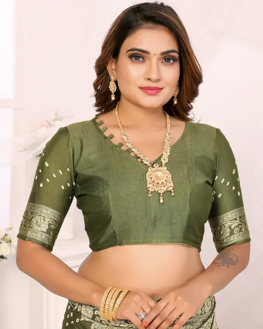 Olive Aura Green Bandhani Saree with Antique Zari Border | Gaji Silk Fabric