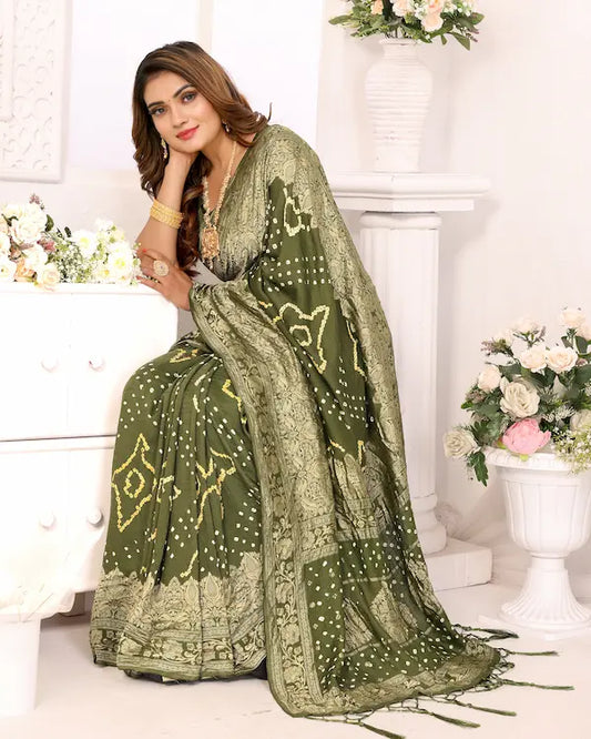 Olive Aura Green Bandhani Saree with Antique Zari Border | Gaji Silk Fabric