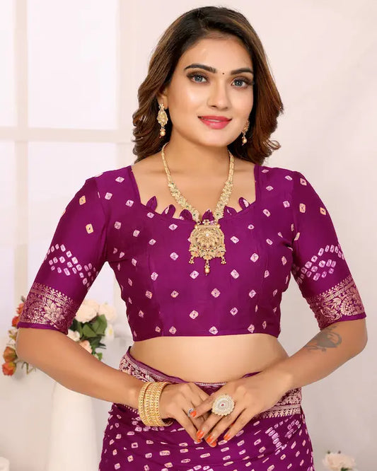 Peacock Raas Magenta Bandhani Saree with Golden Woven Pallu | Gaji Silk Fabric