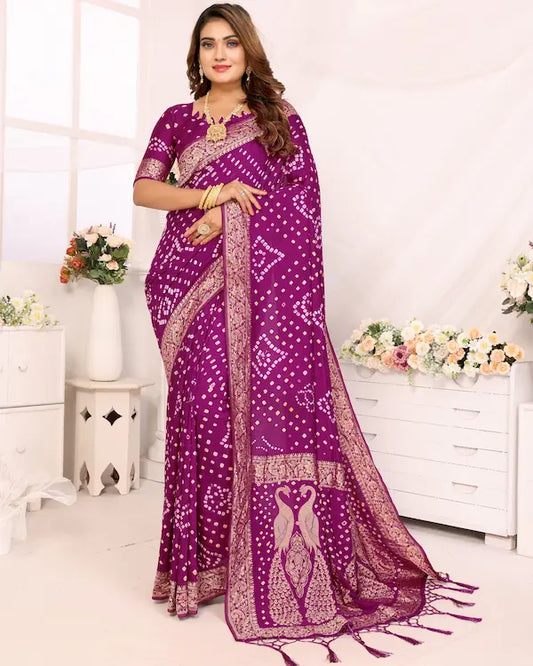 Peacock Raas Magenta Bandhani Saree with Golden Woven Pallu | Gaji Silk Fabric