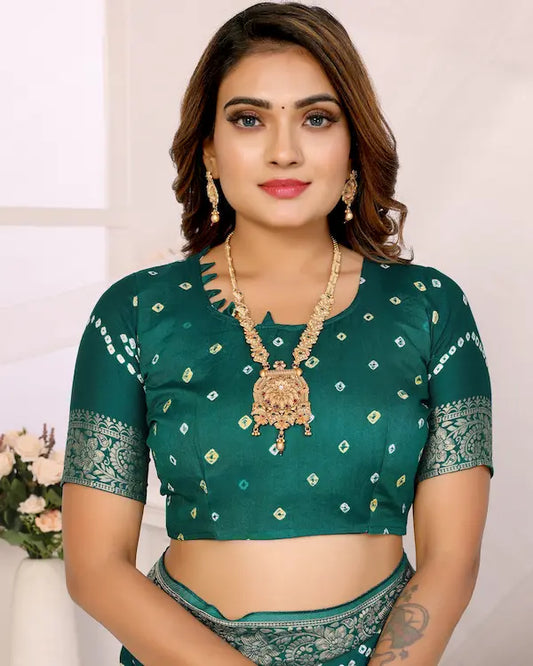 Teal Taal Green Bandhani Saree with Golden Peacock Pallu | Gaji Silk Fabric