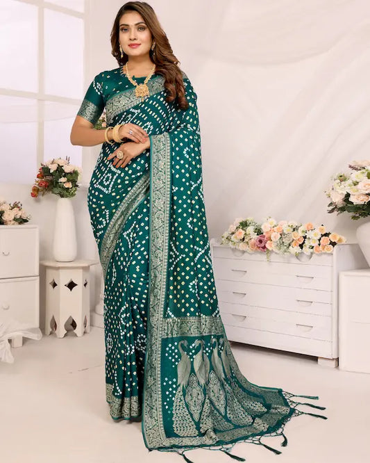 Teal Taal Green Bandhani Saree with Golden Peacock Pallu | Gaji Silk Fabric