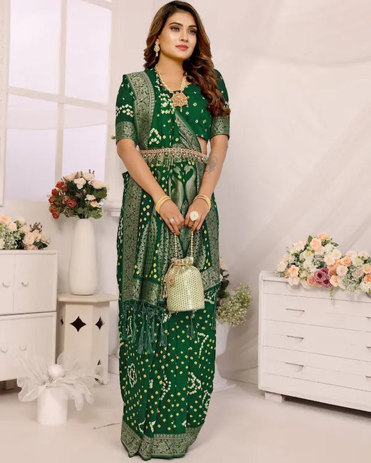 Peacock Mehndi Green Bandhani Saree with Golden Pallu | Gaji Silk Fabric