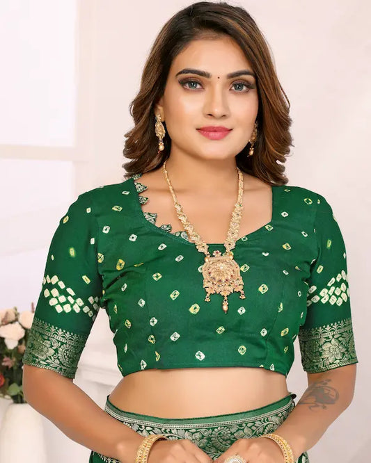 Peacock Mehndi Green Bandhani Saree with Golden Pallu | Gaji Silk Fabric