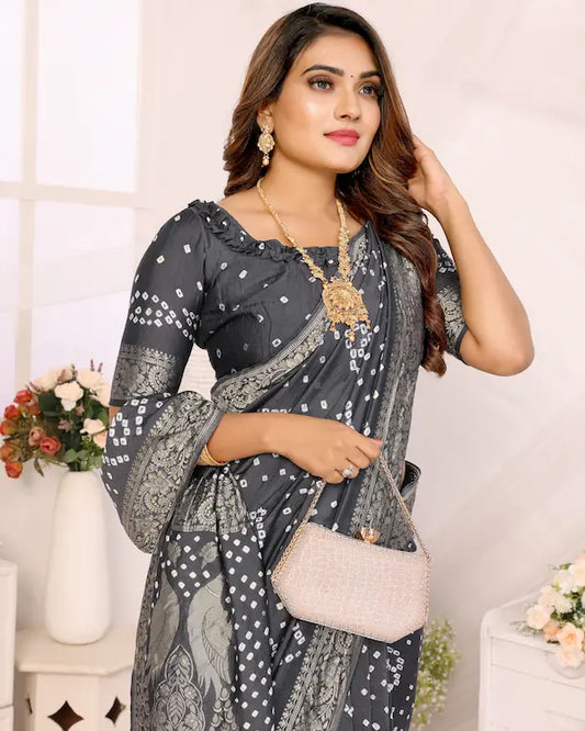 Noir Grace Black Bandhani Saree with Golden Peacock Pallu | Gaji Silk Fabric