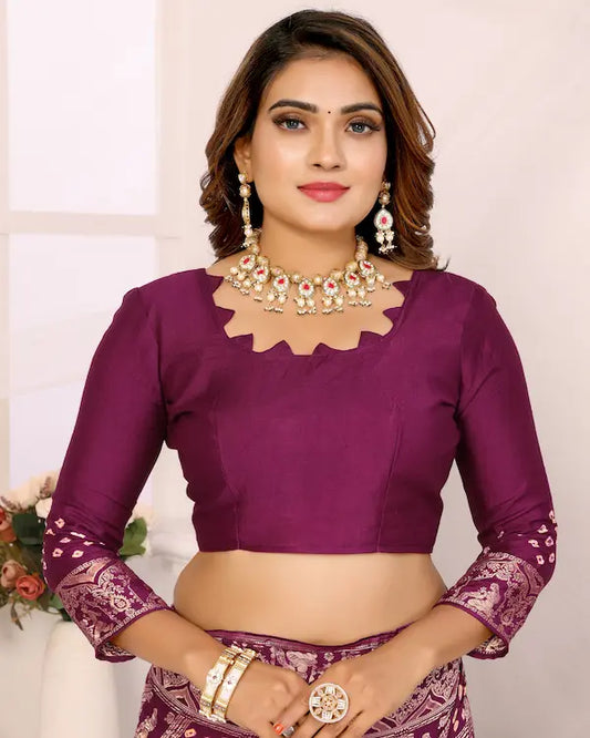 Regal Grid Plum Bandhani Saree with Golden Story Pallu | Gaji Silk Fabric