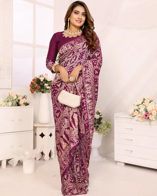 Regal Grid Plum Bandhani Saree with Golden Story Pallu | Gaji Silk Fabric