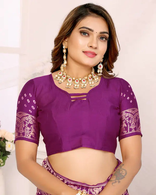 Orchid Grid Purple Bandhani Saree with Golden Dandiya Pallu | Gaji Silk Fabric