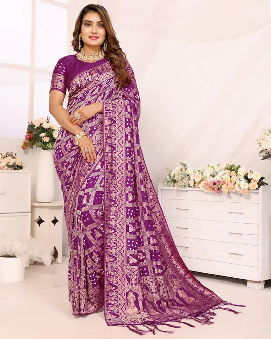 Orchid Grid Purple Bandhani Saree with Golden Dandiya Pallu | Gaji Silk Fabric