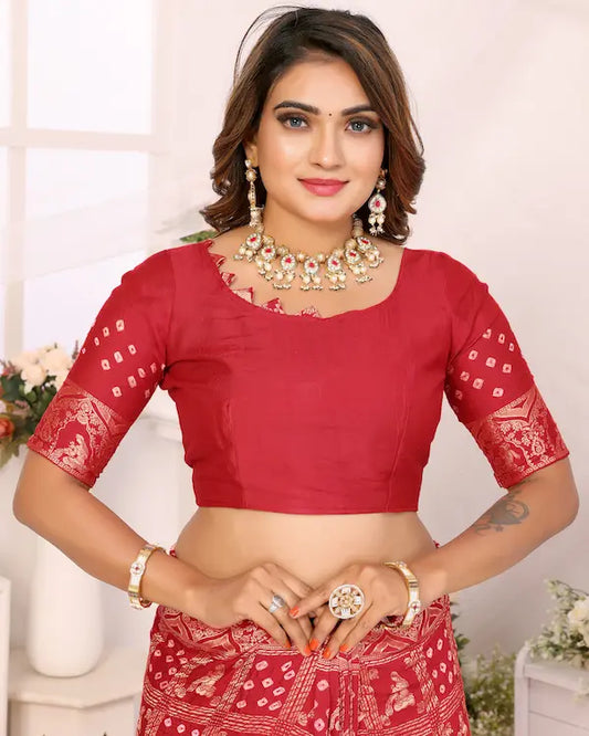 Sindoor Grid Red Bandhani Saree with Golden Dandiya Pallu | Gaji Silk Fabric
