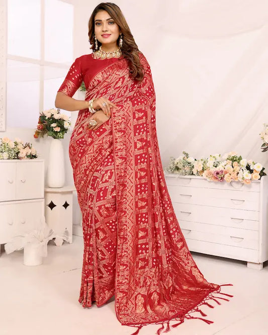 Sindoor Grid Red Bandhani Saree with Golden Dandiya Pallu | Gaji Silk Fabric