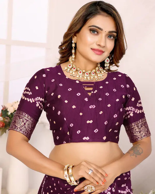 Plum Royale Purple Bandhani Saree with Golden Dandiya Pallu | Gaji Silk Fabric