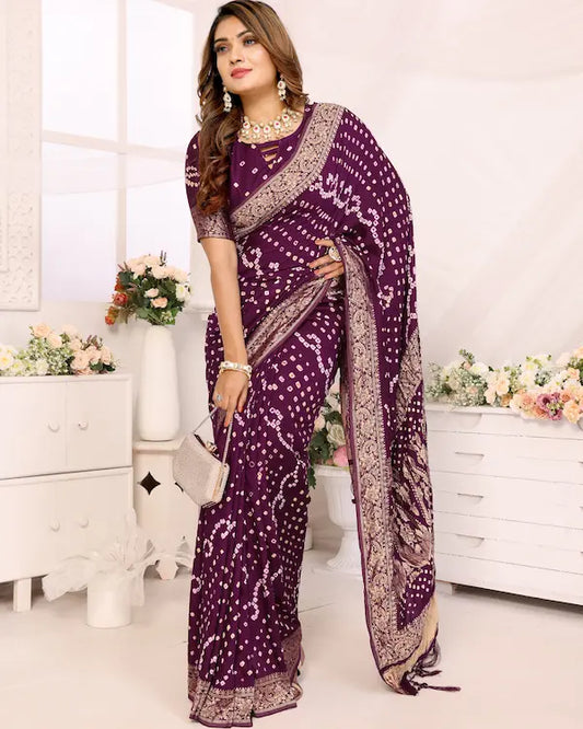 Plum Royale Purple Bandhani Saree with Golden Dandiya Pallu | Gaji Silk Fabric