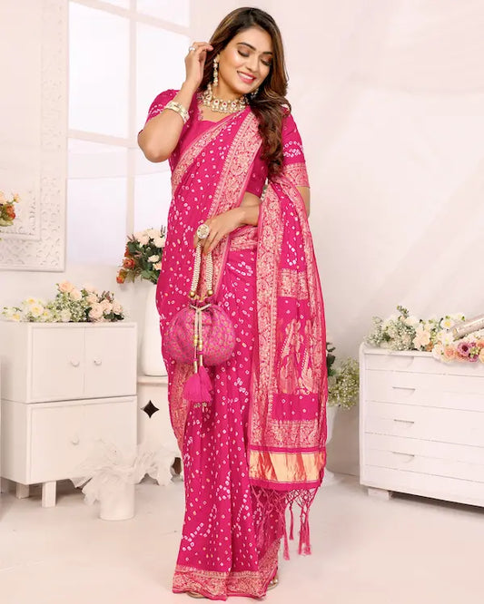 Rani Raas Pink Bandhani Saree with Golden Woven Pallu | Gaji Silk Fabric