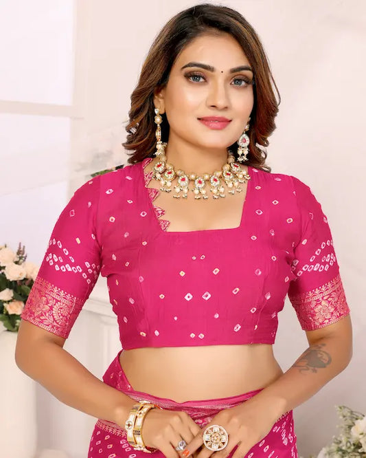 Rani Raas Pink Bandhani Saree with Golden Woven Pallu | Gaji Silk Fabric