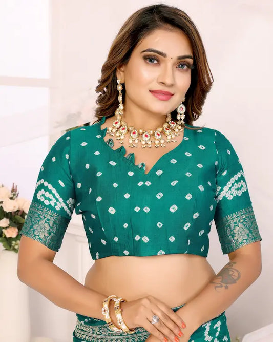 Sea Raaga Green Bandhani Saree with Golden Dandiya Pallu | Gaji Silk Fabric