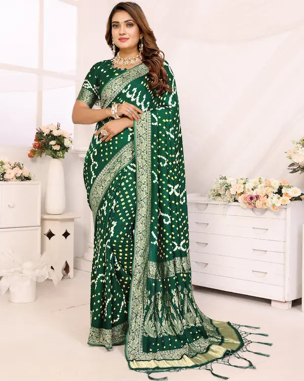 Bottle Raas Green Bandhani Saree with Golden Dandiya Pallu | Gaji Silk Fabric