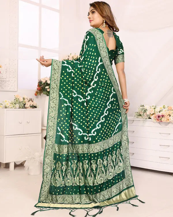 Bottle Raas Green Bandhani Saree with Golden Dandiya Pallu | Gaji Silk Fabric