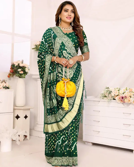 Bottle Raas Green Bandhani Saree with Golden Dandiya Pallu | Gaji Silk Fabric