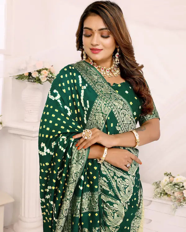 Bottle Raas Green Bandhani Saree with Golden Dandiya Pallu | Gaji Silk Fabric