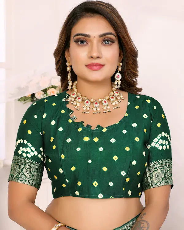 Bottle Raas Green Bandhani Saree with Golden Dandiya Pallu | Gaji Silk Fabric