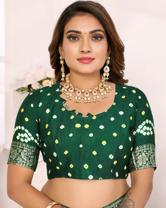 Bottle Raas Green Bandhani Saree with Golden Dandiya Pallu | Gaji Silk Fabric