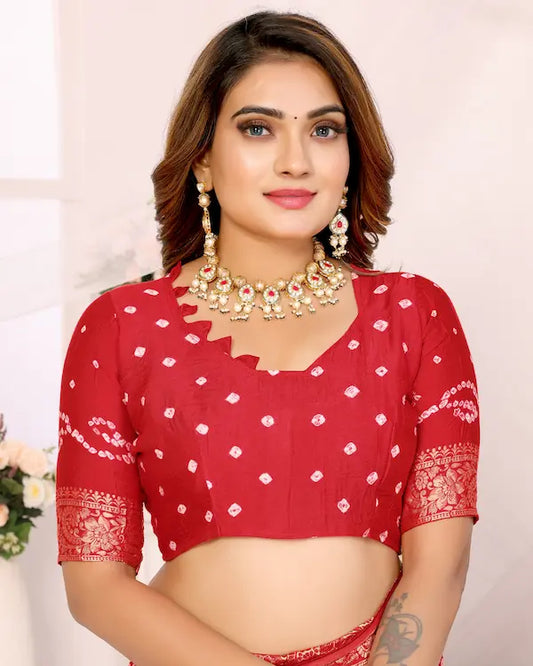 Suhagan Raas Red Bandhani Saree with Golden Dandiya Pallu | Gaji Silk Fabric