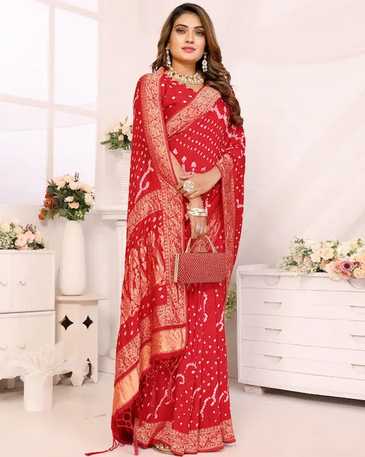 Suhagan Raas Red Bandhani Saree with Golden Dandiya Pallu | Gaji Silk Fabric