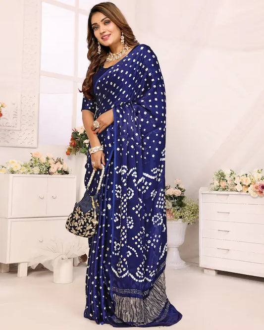 Navy Noor Blue Bandhani Saree with Silver Crinkle Border | Gaji Silk Fabric