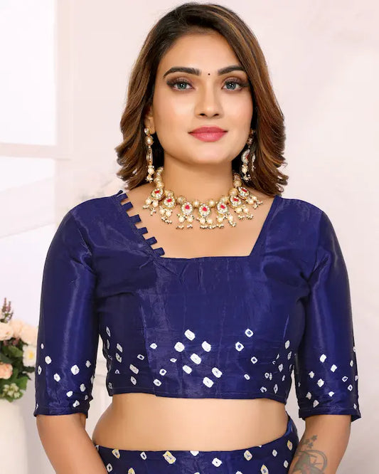 Navy Noor Blue Bandhani Saree with Silver Crinkle Border | Gaji Silk Fabric