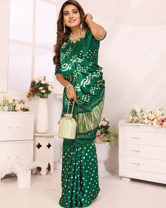 Emerald Vibe Green Bandhani Saree with Crinkle Border | Gaji Silk Fabric