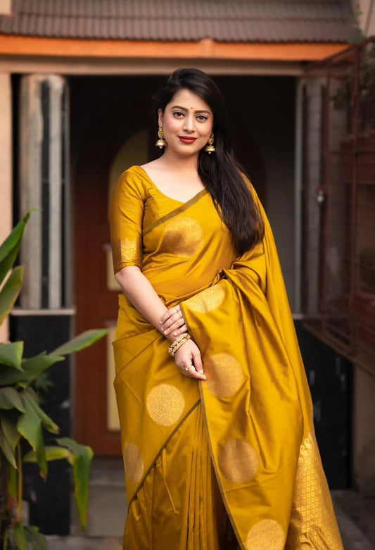 Yellow Kanjivaram Silk Saree with Golden Zari Polka Motifs & Traditional Contrast Border - Blouse Piece Included