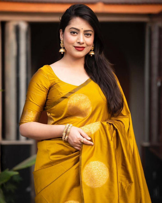Yellow Kanjivaram Silk Saree with Golden Zari Polka Motifs & Traditional Contrast Border - Blouse Piece Included