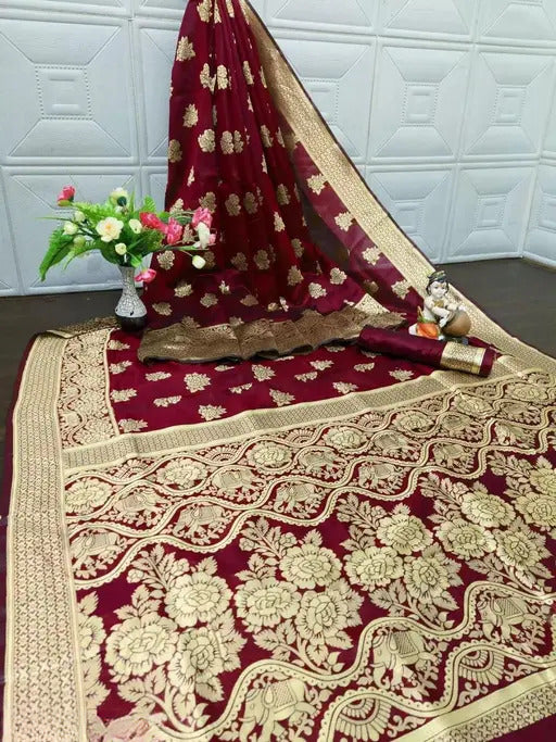 Maroon Kanjivaram Silk Saree with Golden Zari Floral Weaving & Traditional Broad Border