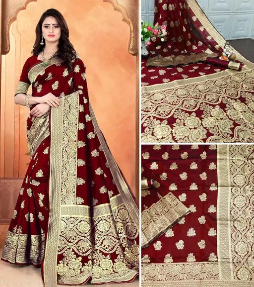 Maroon Kanjivaram Silk Saree with Golden Zari Floral Weaving & Traditional Broad Border