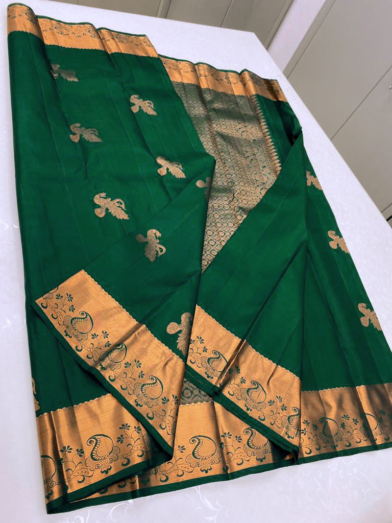 Green Kanjivaram Silk Saree with Mor Weaving & Traditional Broad Border