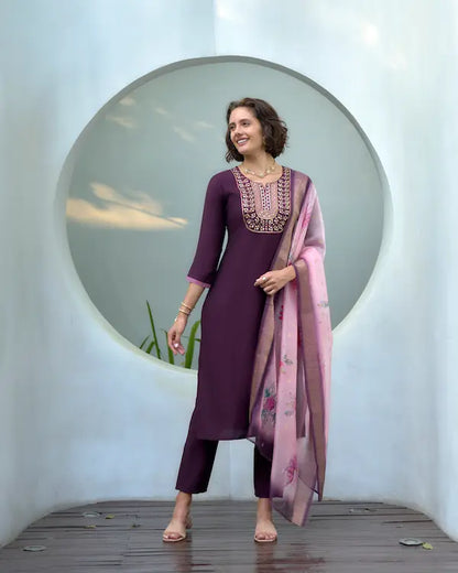 Garnet Bloom Purple Kurti Set with Dupatta | Vatican-Organza Butti Blend