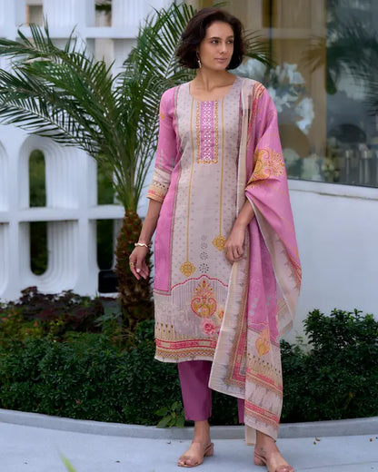 Blush Harmony Pink Embroidered Kurti Set with Dupatta | Silk Blend Fabric