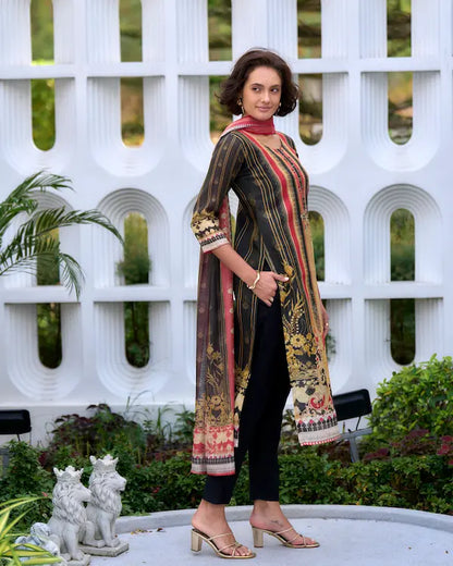 Gold Noir Black Embroidered Kurti Set with Dupatta | Silk Blend Fabric