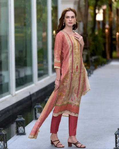 Amber Serenade Peach Embroidered Kurti Set with Dupatta | Silk Blend Fabric