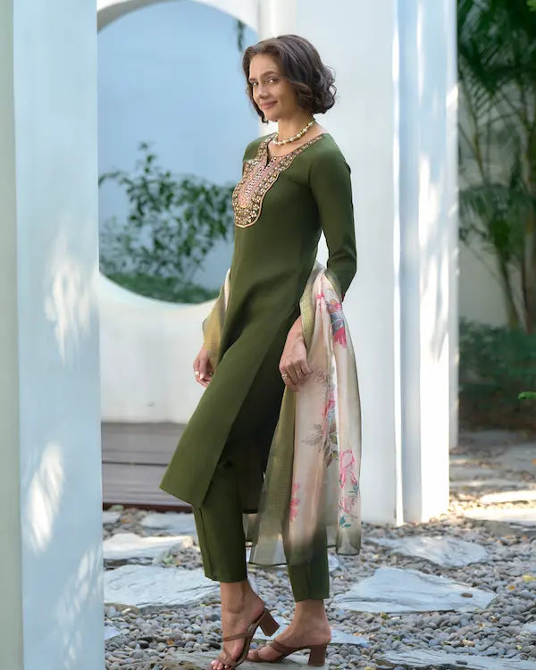 Mirror Meadow Green Kurti Set with Dupatta | Vatican-Organza Butti Blend