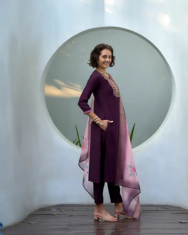Garnet Bloom Purple Kurti Set with Dupatta | Vatican-Organza Butti Blend