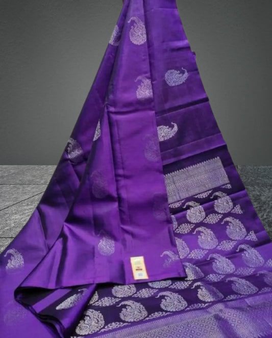Purple Banarasi Silk Saree with Silver Zari Paisley Motifs & Intricate Pallu - Blouse Piece Included