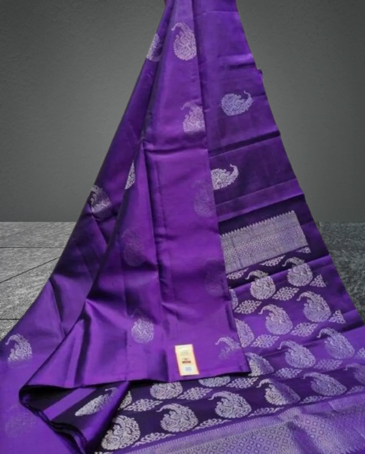 Purple Banarasi Silk Saree with Silver Zari Paisley Motifs & Intricate Pallu - Blouse Piece Included